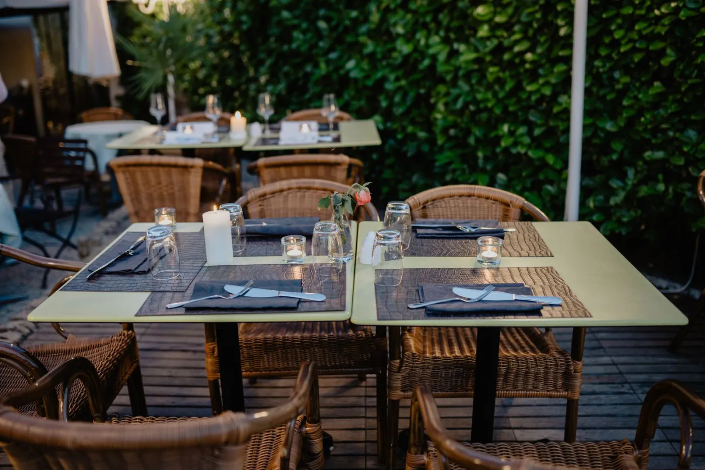 Terraza del Mesón La Parra a la sombra de la parra, con mesas dispuestas para comer